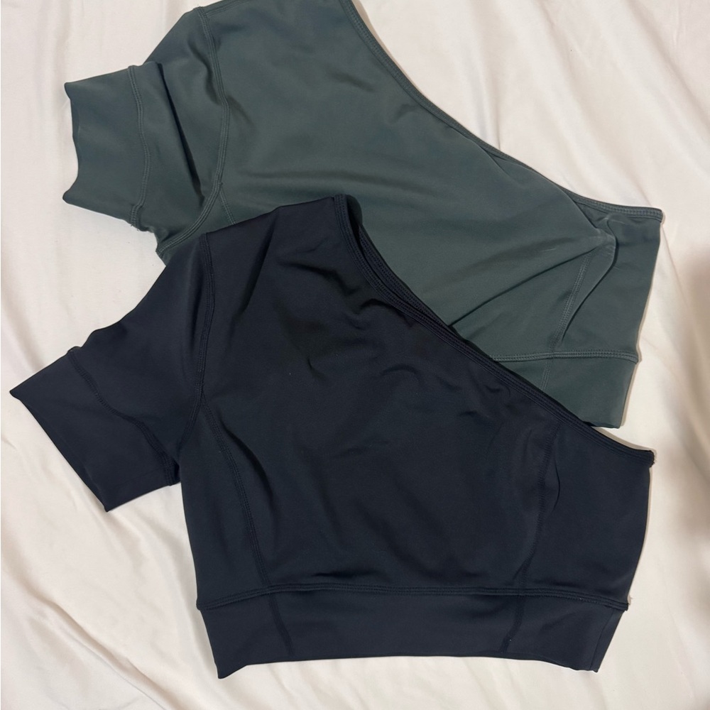 Zella One-Shoulder Crop Active Tops in Black & Dark Green bundle